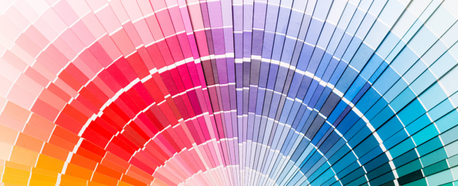 Circular fan of color swatches forming a rainbow gradient with the Radiant Marketing logo in the bottom-left, illustrating branding color options.