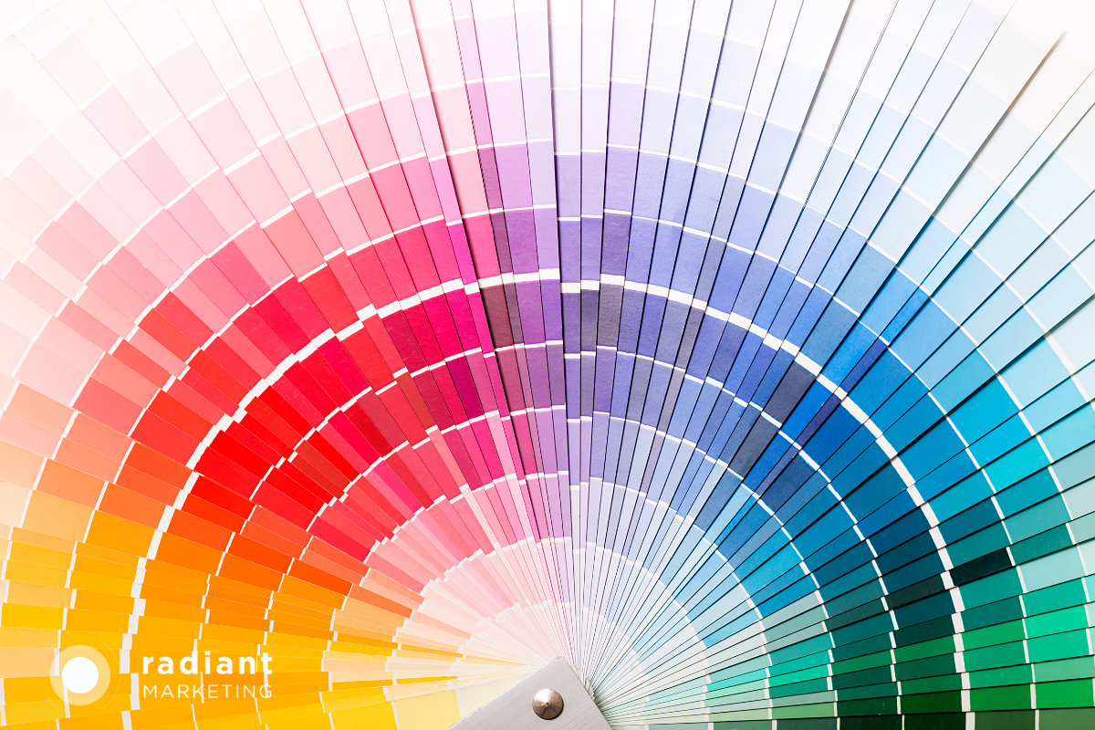 Color Psychology Blog 2026 (1200 x 1800 px) Circular fan of color swatches forming a rainbow gradient with the Radiant Marketing logo in the bottom-left, illustrating branding color options.