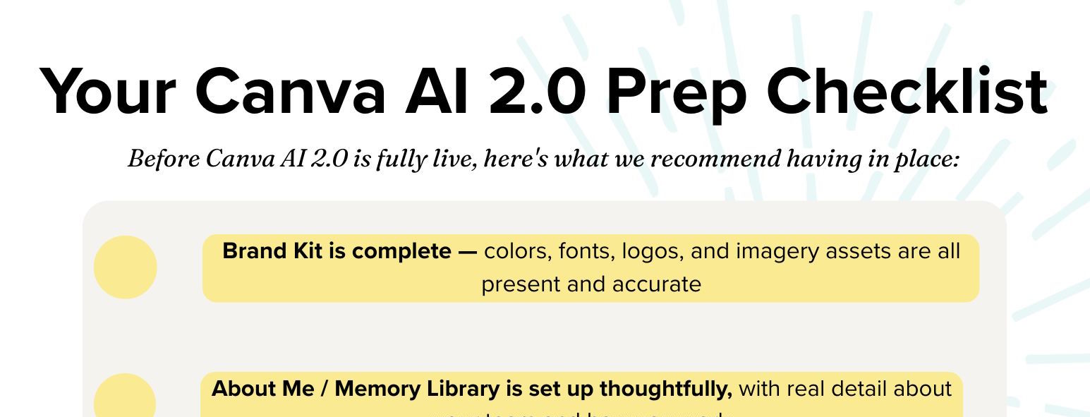 Prep checklist headline 'Your Canva AI 2.0 Prep Checklist' with a subtitle and a light gray rounded panel containing two yellow-highlighted checklist items about Brand Kit completion and About Me / Memory Library setup.